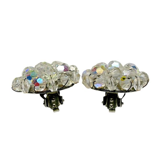 Vintage Aurora Borealis Clip-On Earrings 1.25" Crystal Cluster Mid-Century Style - Picture 3 of 5